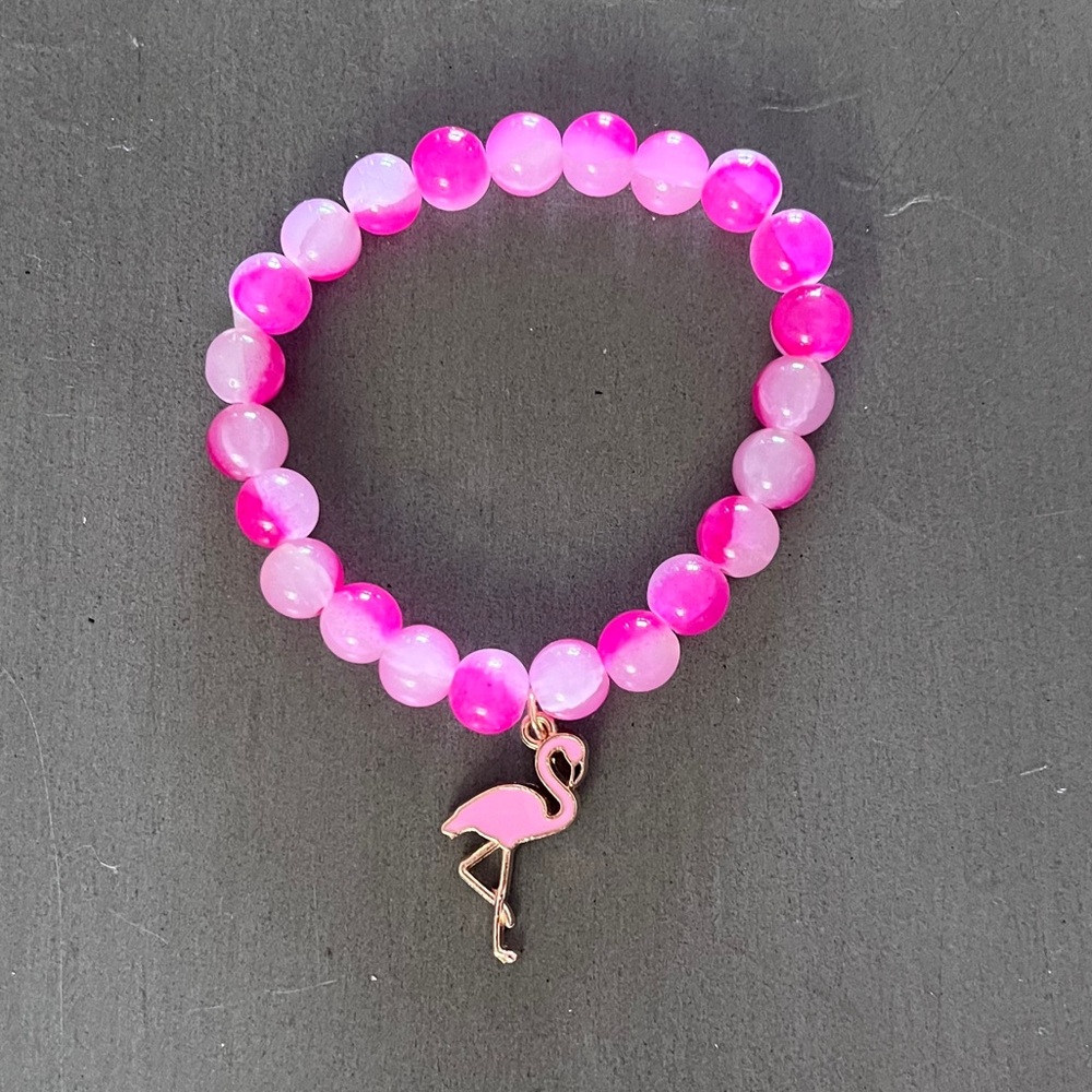 Flamingo Metal Enamel Charm Hot Light Pink Stone Bead Stretch Stackable Bracelet - Picture 1 of 3